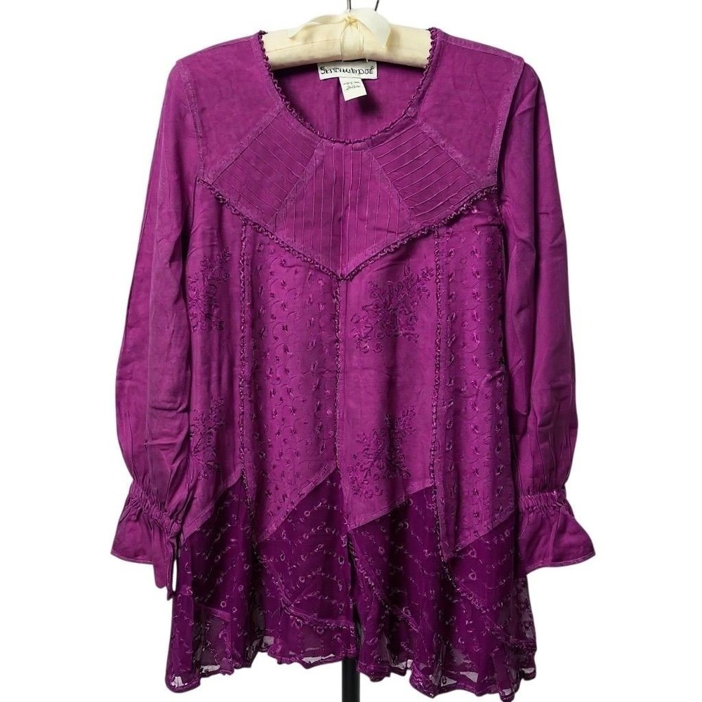 Seventh Avenue Purple Embroidered‎ Boho Tunic Top Rayon Smocked Ruffle Sleeve S